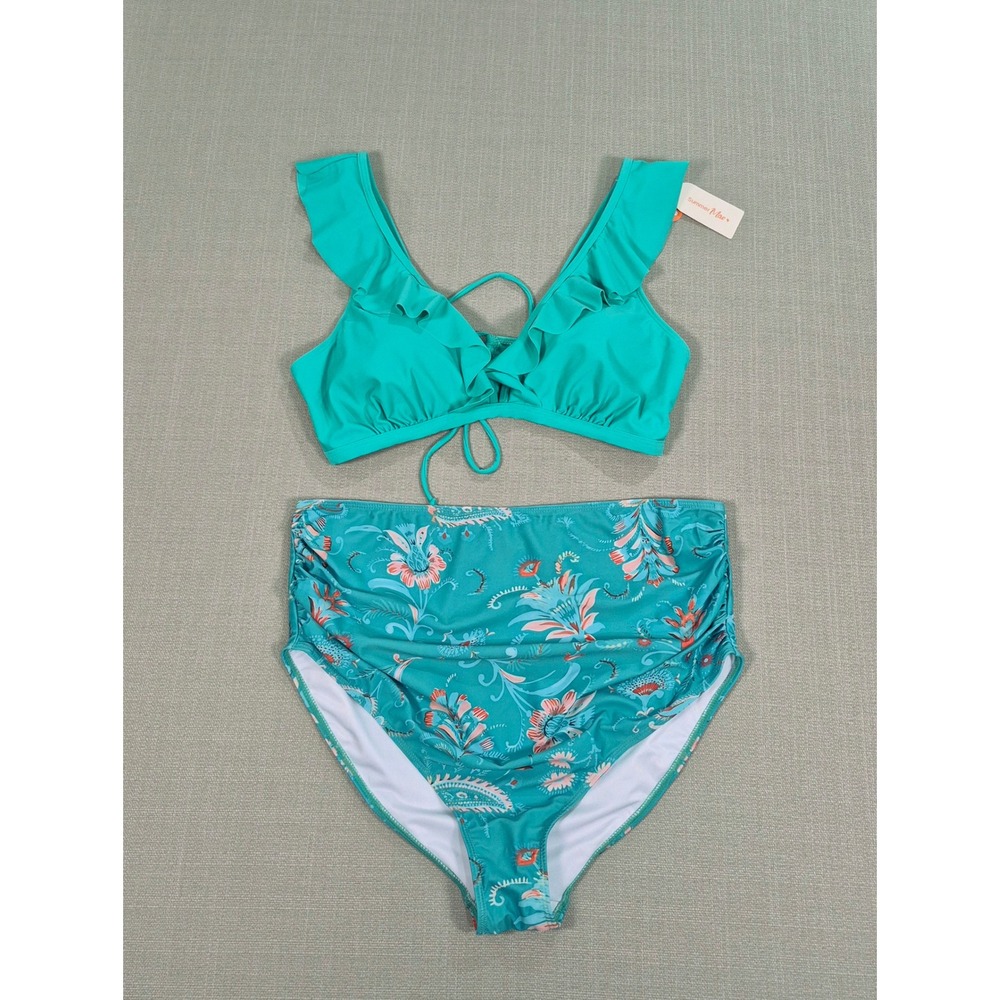 Summer Mae Maternity Bikini Set Teal Ruffle Floral High Waisted XL New